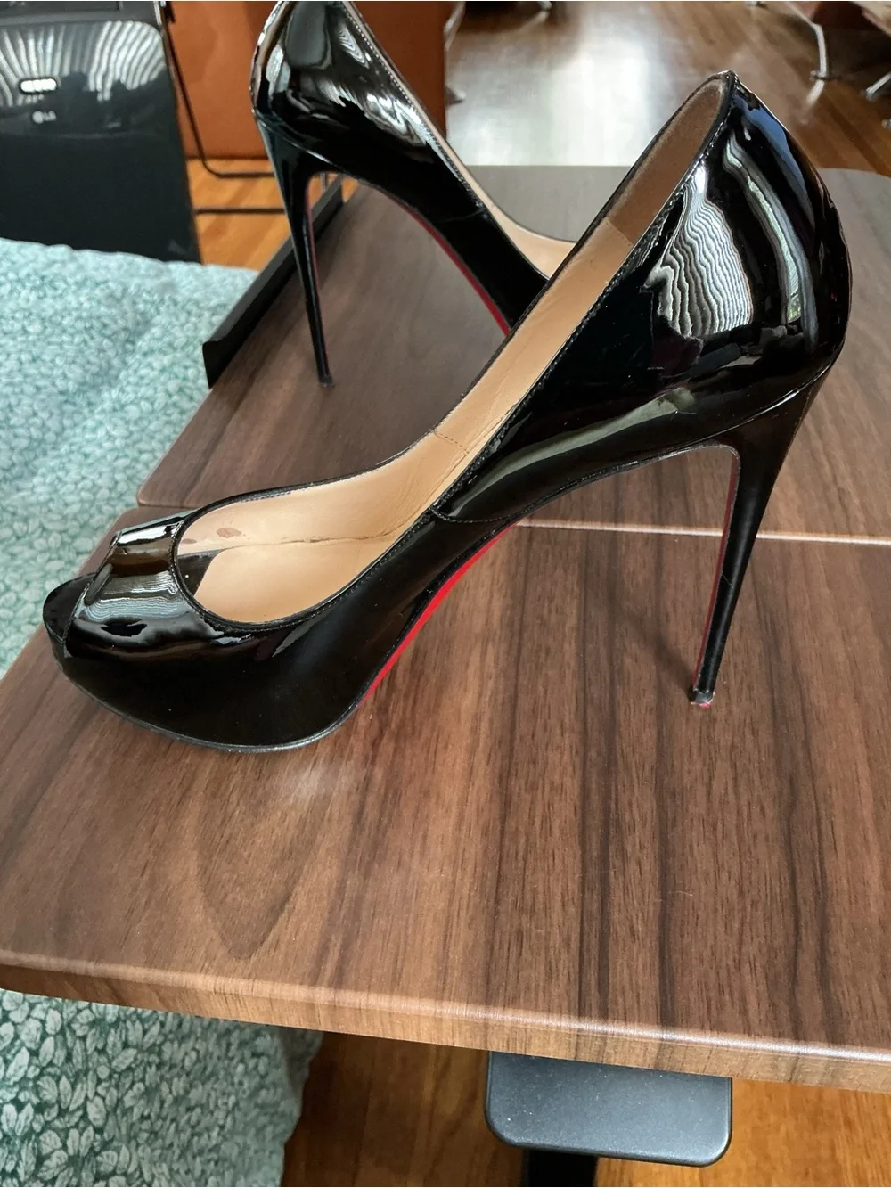 Christian Louboutin Black Patent Spike Platform Pumps with Red Soles